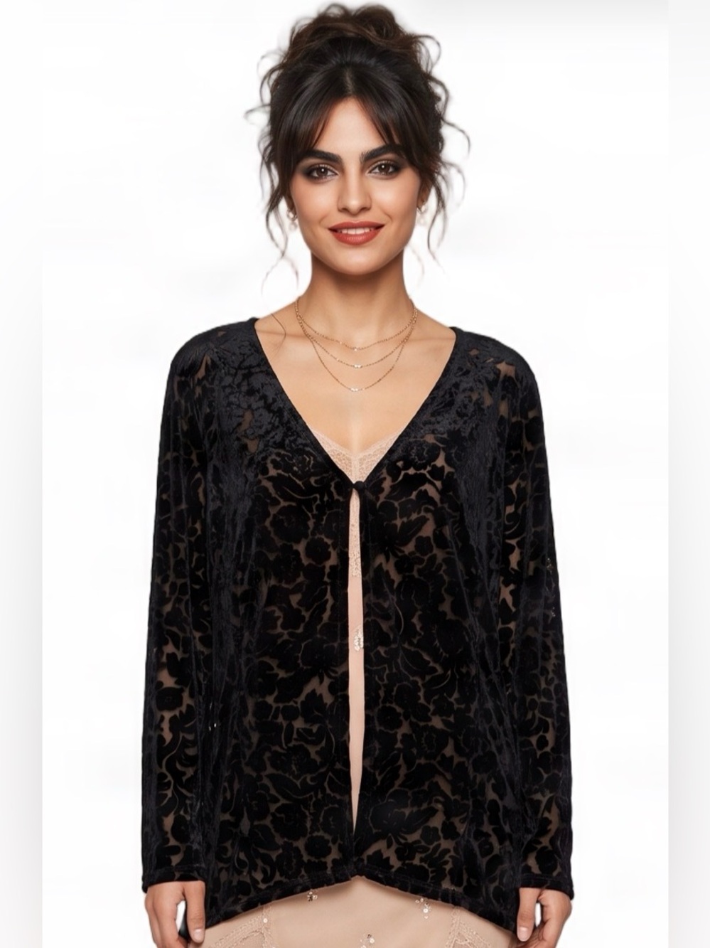 CAROLE LITTLE Black Burnout Velvet V Neck Long Sleeve Open Front Cardigan Floral